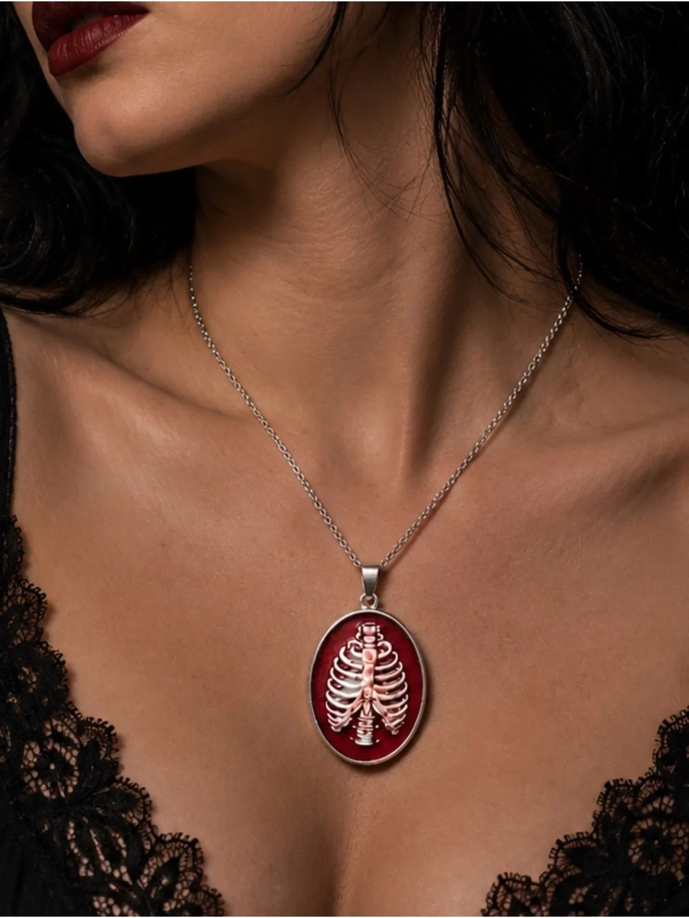 Sterling Silver Ribcage Pendant Necklace in Deep Red - Women's Jewelry